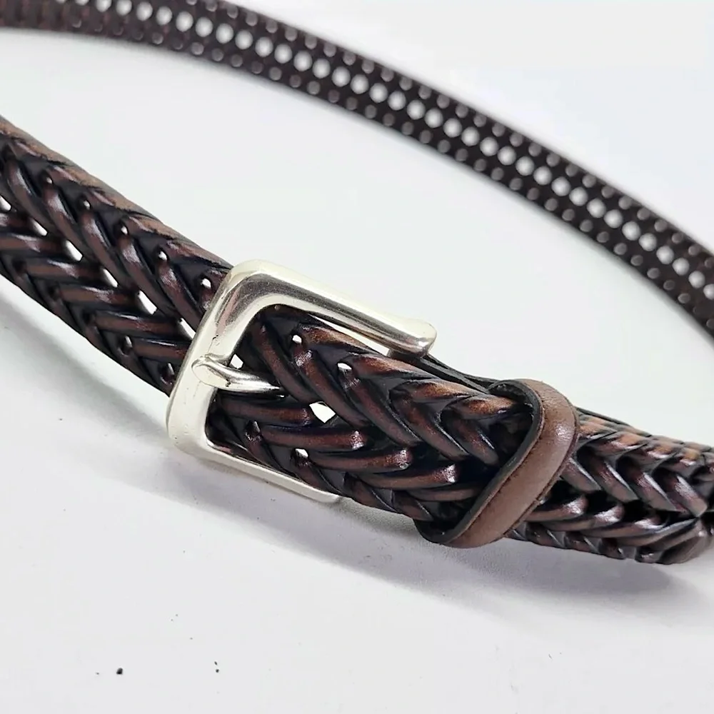 Dockers Brown Leather & PU Leather Woven Belt  38” L Adjustable Sz Silver Buckle